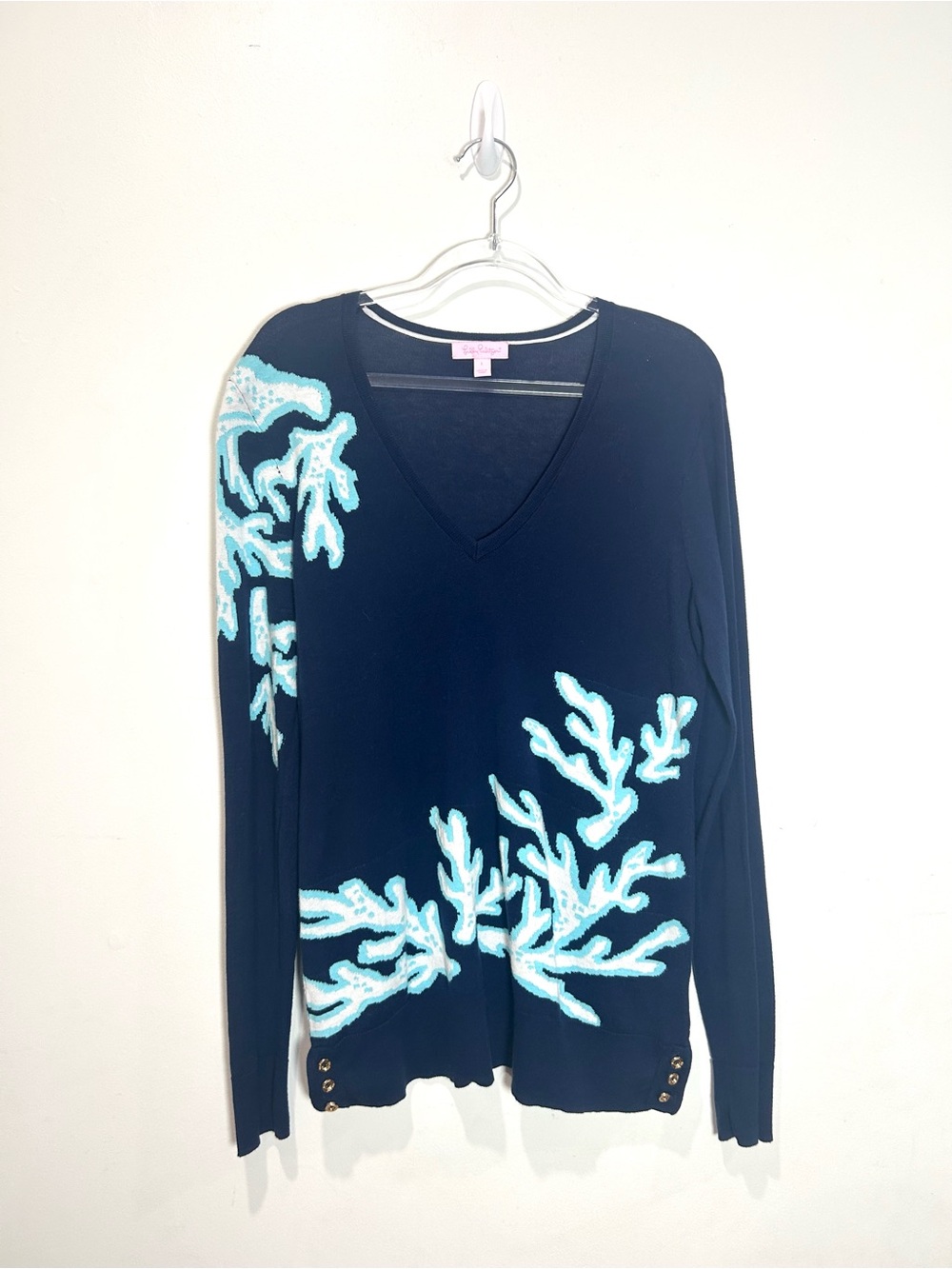 Lilly Pulitzer Ainsley Navy Blue Sweater Women L 100% Cotton Nautical Coastal